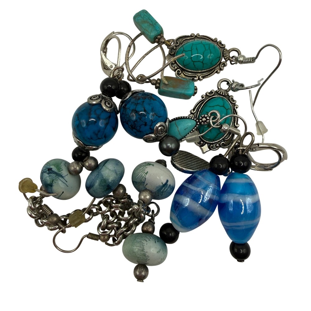 Boho Coastal Silver Tone Beaded Earrings Lot of 6 — Turquoise Blue Dangle - Picture 10 of 10